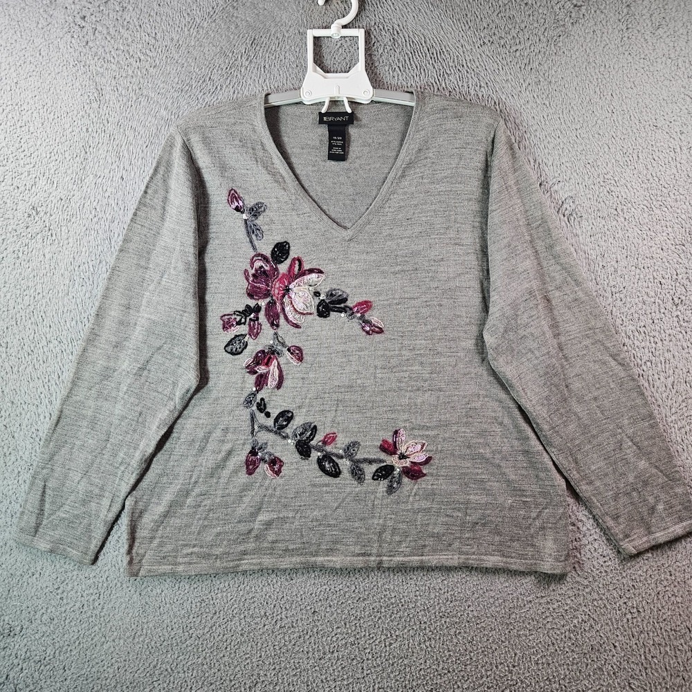 Lane Bryant Top Women 18 / 20 Wool Blend Floral Embroidered Knit‎ Gray